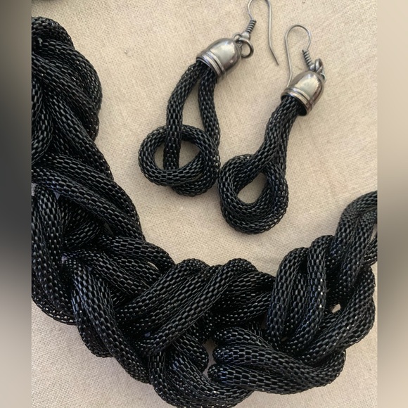 Edgy Black Mesh Rope Braided Necklace and Earrings Set - Picture 2 of 2
